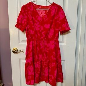 Boutique Floral Red and Pink Dress Size Large Short Sleeve V Neck